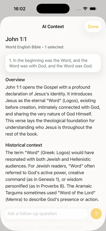 AI Context view for John 1:1 in My Bible Companion