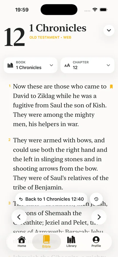Audio Bible playback controls inside the reader