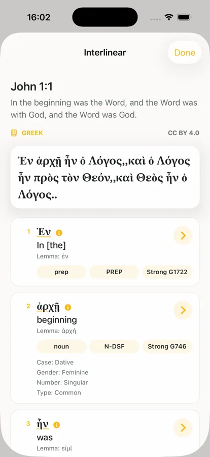 Interlinear study view for John 1:1 with Greek words and Strong number details