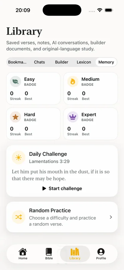Memory practice view with difficulty badges and Daily Challenge