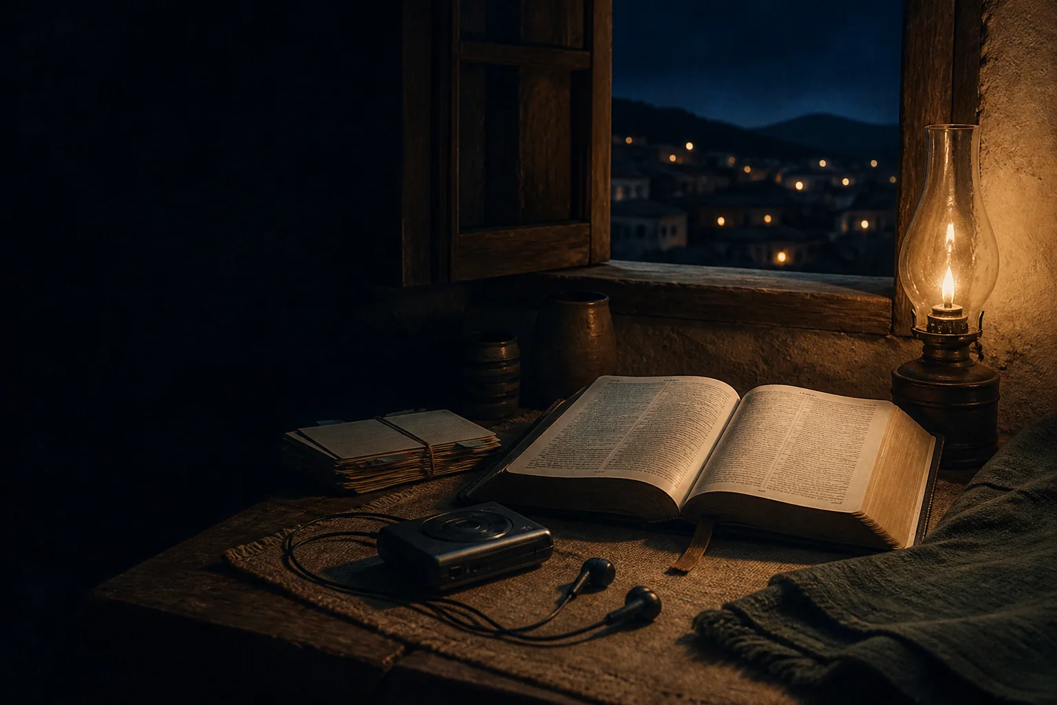 Night study table with an open Bible, warm lamp, and audio earbuds
